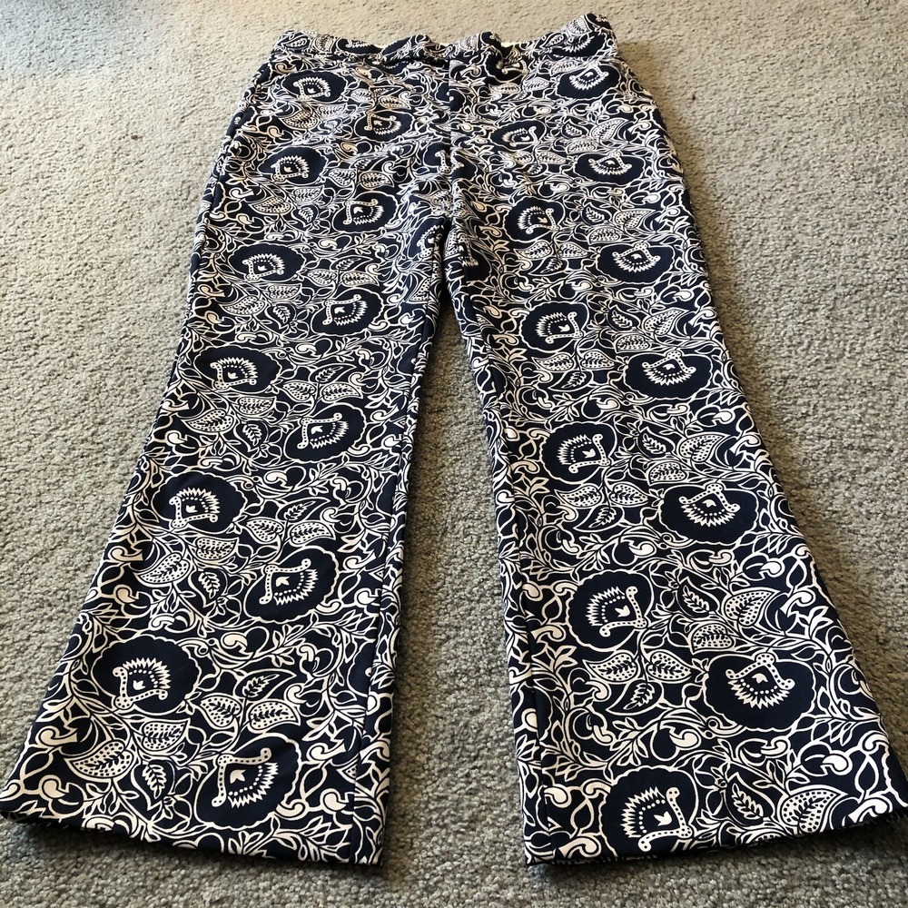 Vtg Thomson Floral Flared Pants Women's 14 Blue Tailored Classic Cottage Party